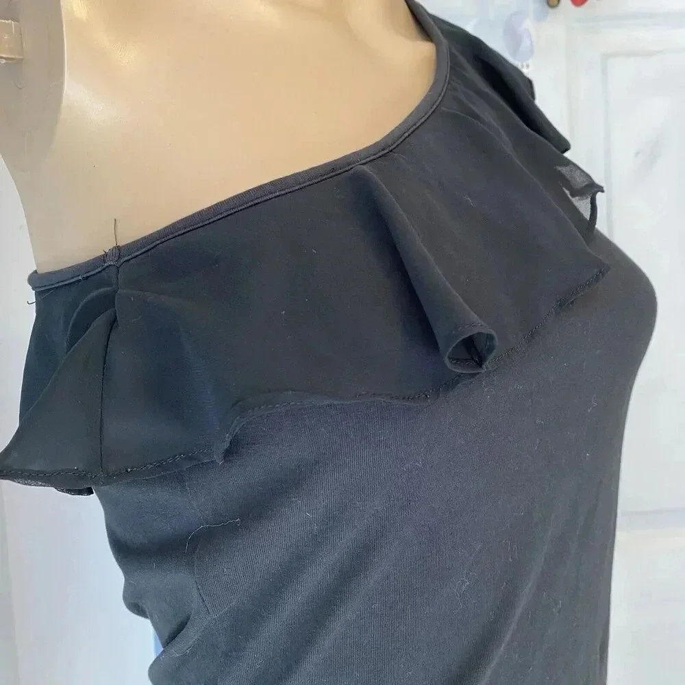 Y2K Express Babydoll Black One Shoulder Ruffle Stretch Self Bra Tank Top Lady M